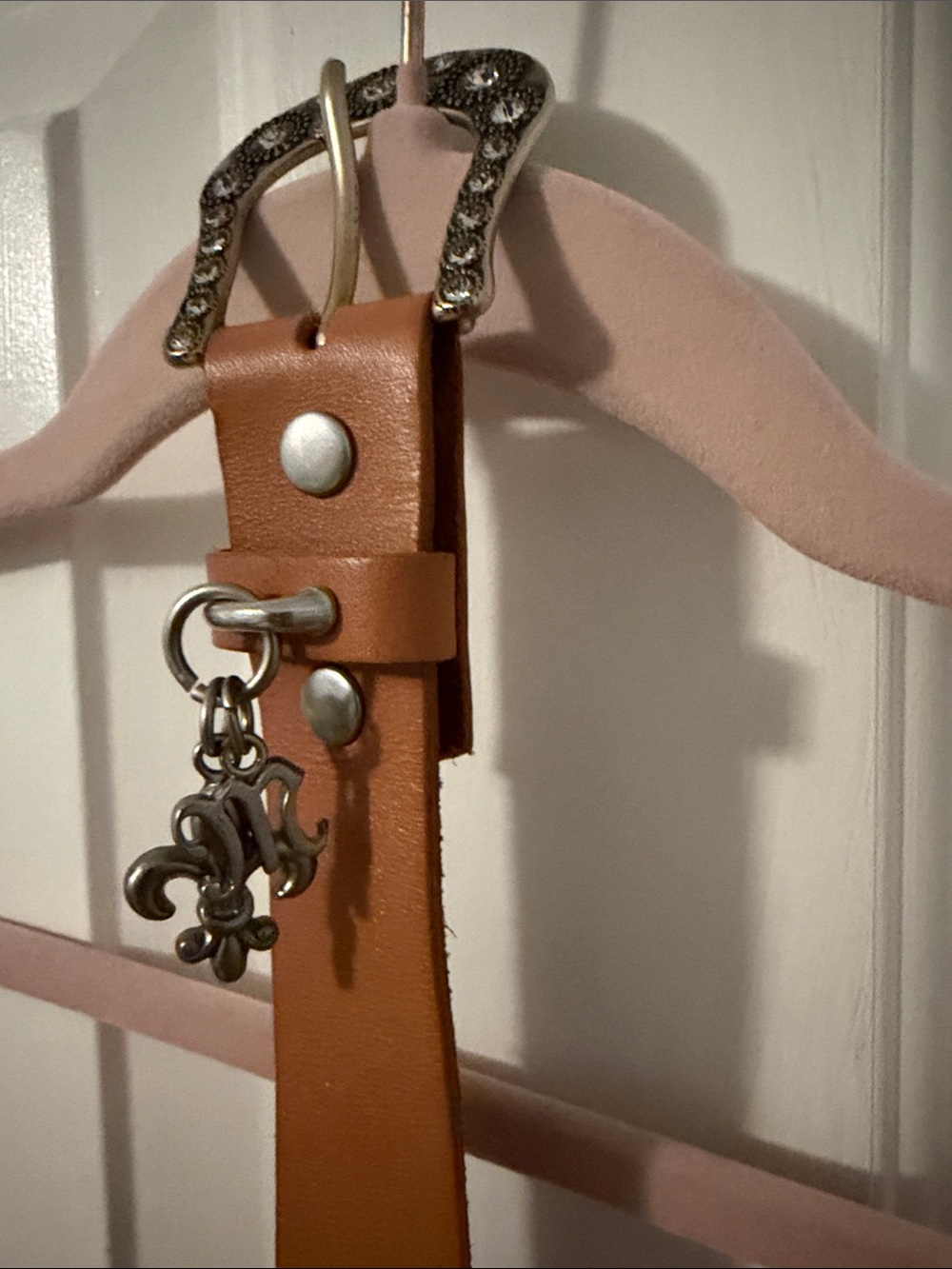 Miss Me Leather Belt with Fleur-de-Lis Charm - Brown
